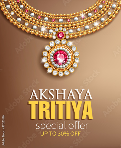 Promotion banner for Indian festival Akshya Tritiya. Gold necklace with pearls, red rubies and diamonds on silk background. Vector illustration.