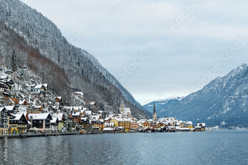 Photography View of the beautiful mountain town of Hallstatt, in the Alps, near the lake