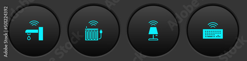 Set Smart water tap, heating radiator, table lamp and Wireless keyboard icon. Vector