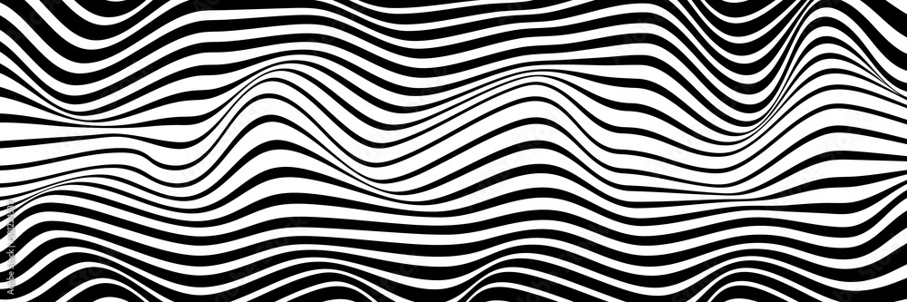 Simple wavy background. Vector illustration of stripes with optical illusion, op art. Long horizontal banner.