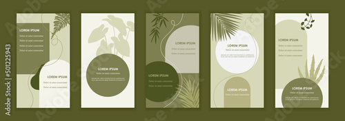 Set of natural style templates for banners, flyers, stories, brochures, web and social media posts. Organic design. Foliage, plants abstract shapes. Vector flat illustrations. EPS 10. Organic cosmetic