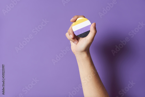 Hand raising a non binary flag badge; gender diversity, identity pride