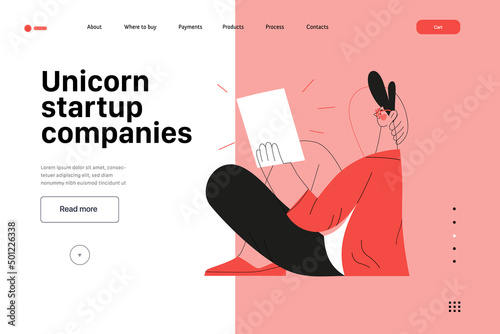 Startup illustration, website landing template Flat line vector modern concept illustration, startup metaphor. Concept of building new business, strategy, company processes. Unicorn startup companies