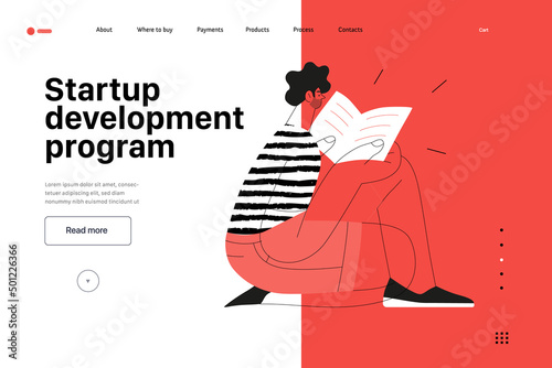 Startup illustration, website landing template Flat line vector modern concept illustration, startup metaphor. Concept of building new business, strategy, company processes Startup development program
