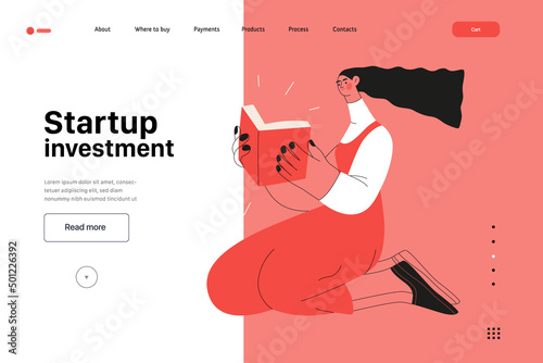 Startup illustration, website landing template Flat line vector modern concept illustration, startup metaphor. Concept of building new business, strategy, company processes. Startup investment