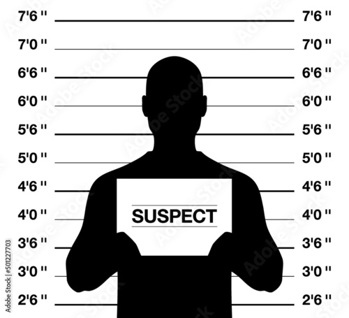 Male suspect mugshot, vector illustration. Anonymus man standing on a criminal photo shooting background.