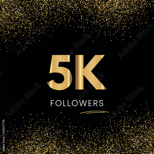 Thank you 5K or 5 Thousand followers. Vector illustration with golden glitter particles on black background for social network friends, and followers. Thank you celebrate followers, and likes.