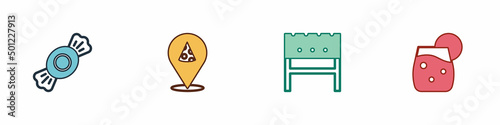 Set Candy, Slice of pizza, BBQ brazier and Cocktail icon. Vector