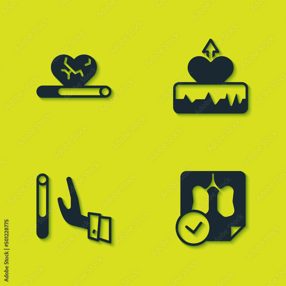 Set Heart disease with smoking, Lungs x-ray diagnostics, Giving up cigarette and Heartbeat increase icon. Vector Set Heart disease with smoking, Lungs x-ray diagnostics, Giving up cigarette and Heartbeat increase icon. Vector