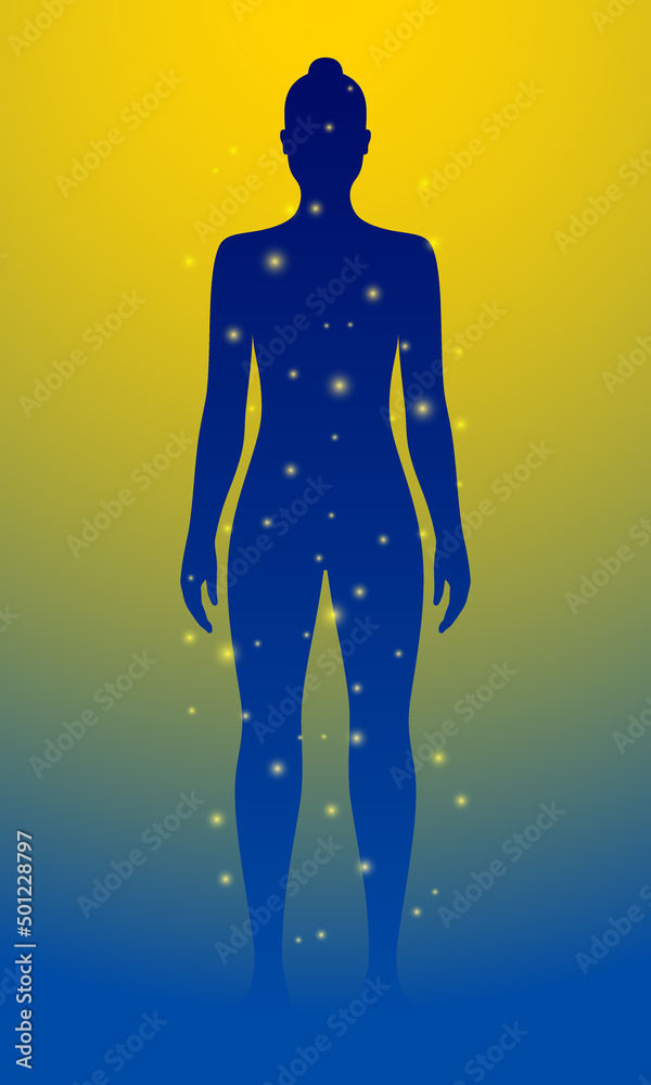 Abstract vector scene of naked woman and flying light dots on a blue ...