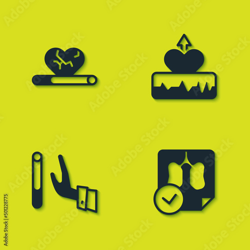 Set Heart disease with smoking, Lungs x-ray diagnostics, Giving up cigarette and Heartbeat increase icon. Vector