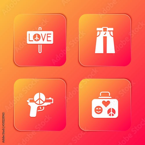 Set Peace, Jeans wide, No war and Suitcase for travel icon. Vector