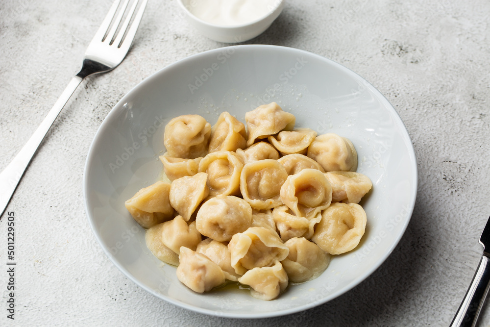 Meat dumplings, homemade russian pelmeni in bowl with sour cream isolated on bright background Meat dumplings, homemade russian pelmeni in bowl with sour cream isolated on bright background