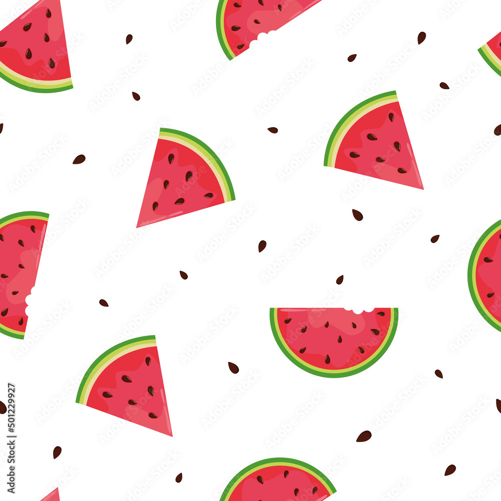 Seamless watermelons pattern on white background. Vector summer illustration with watermelon slices and seeds in bright summer colors. Flat design. Good for fabric print, greeting card, wrapping, etc. Seamless watermelons pattern on white background. Vector summer illustration with watermelon slices and seeds in bright summer colors. Flat design. Good for fabric print, greeting card, wrapping, etc.
