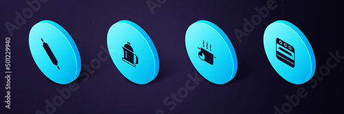Set Isometric Oven, Cooking pot, French press and Rolling pin icon. Vector