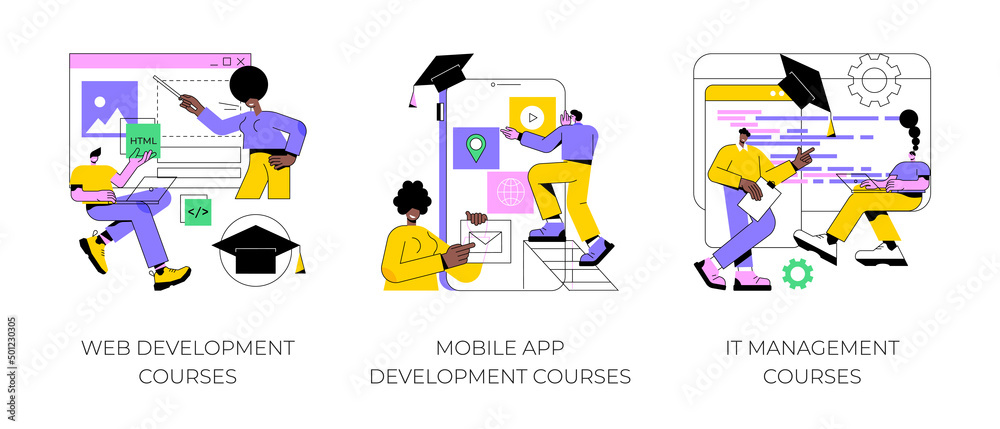 Information technology career abstract concept vector illustration set. Web development courses, mobile app development and IT management classes, junior frontend, online coding abstract metaphor.