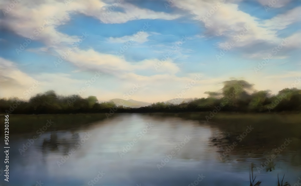 a painting of a river with clouds and trees on the other side of it