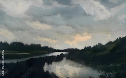 a painting of a river with clouds and grass on the side of it