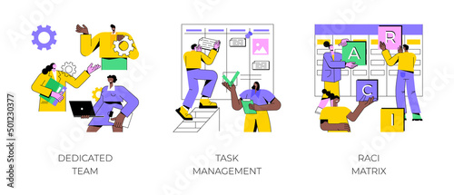Developers team management abstract concept vector illustration set. Dedicated team, task management, RACI matrix, outsource, productivity online platform, responsibility chart abstract metaphor. photo