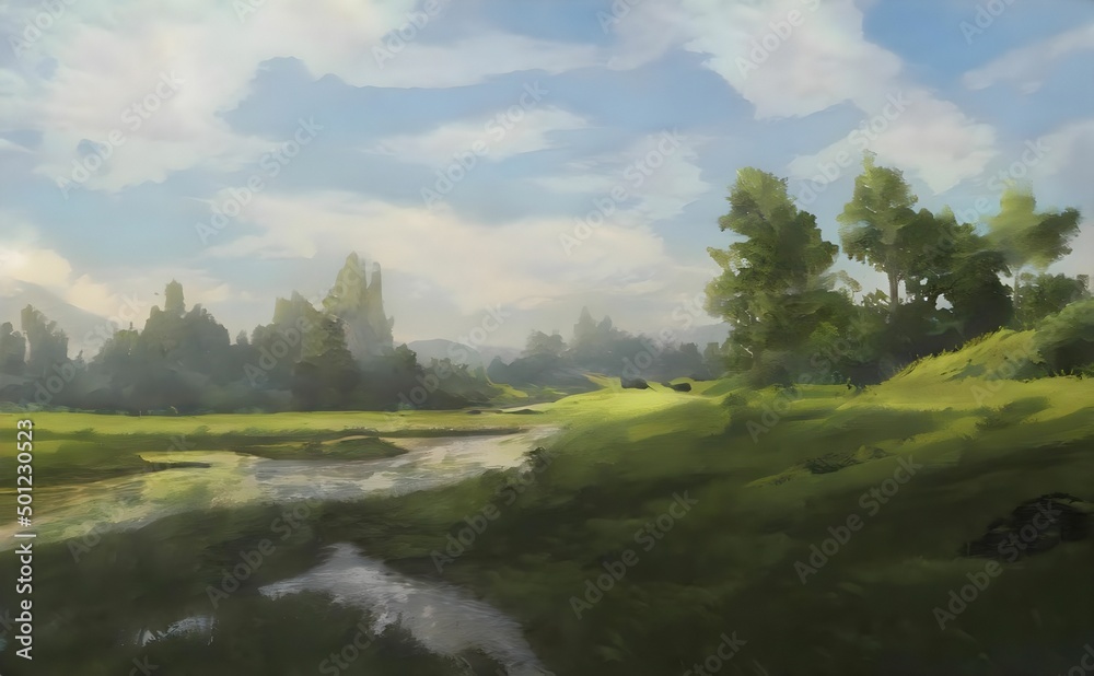 Obraz premium a painting of a lush green field