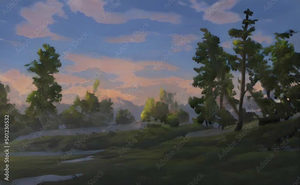 a painting shows a wooded area at sunset