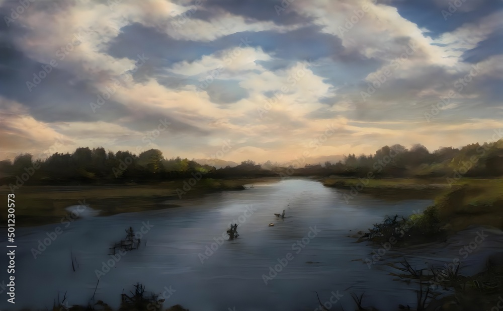 Naklejka premium a water scene with clouds in the sky