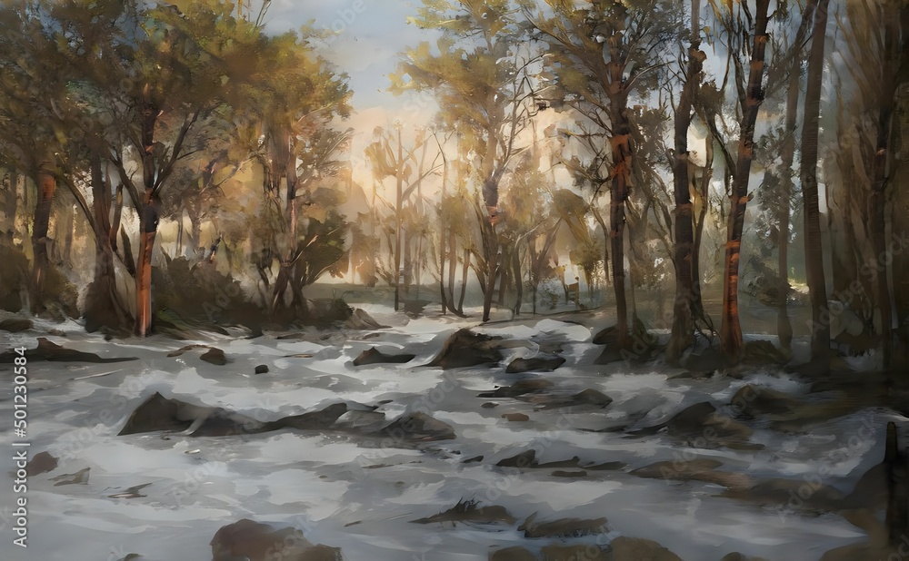Fototapeta premium a painting of a forest with snow and rocks