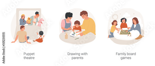 Toddler creativity development in home education isolated cartoon vector illustration set. Puppet theatre, drawing with parents, family board games, children play in home theatre vector cartoon.