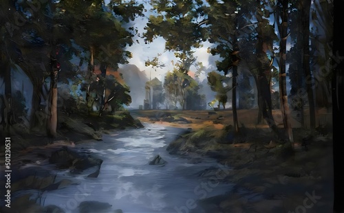 a painting of a stream in a forest with trees