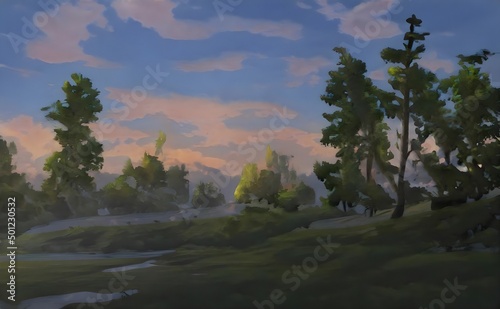 a painting shows a wooded area at sunset © @uniturehd