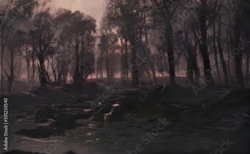 a painting of a dark forest