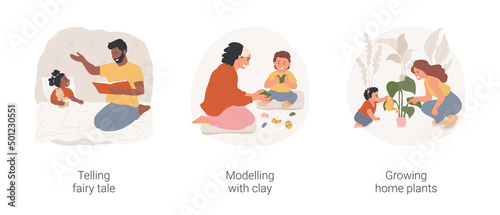 Creative skills development at home isolated cartoon vector illustration set. Telling fairy tale, modelling with clay, growing home plants, bedtime storytelling, parental daycare vector cartoon.