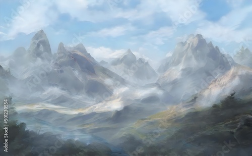 a painting of a mountain range on a cloudy day