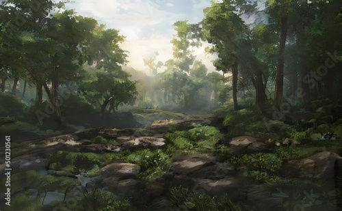 the painting is of trees  rocks and grass in a forest