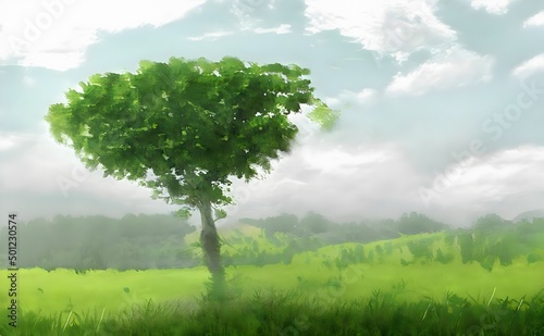a painting of a tree in a grassy field