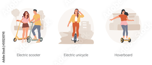 Urban vehicles isolated cartoon vector illustration set. Teenage couple riding scotter at city park, girl on electric unicycle, teen learning to ride electric hoverboard vector cartoon. © Vector Juice
