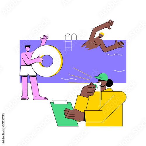 Swimming and lifesaving classes abstract concept vector illustration. Lifesaving classes, lifeguard certification, swimming instruction, water safety training, pool instructor abstract metaphor.