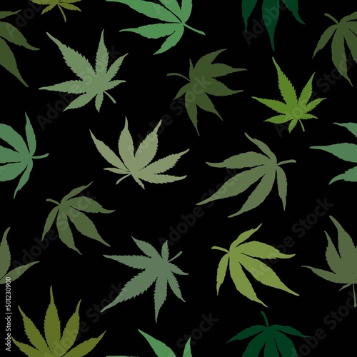 Seamless pattern of green cannabis leaves on a black background. Green hemp leaves on a black background. The seamless cannabis leaf pattern on a black background.marijuana pattern