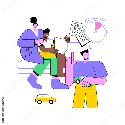 Foster parent abstract concept vector illustration. Foster care, father in adoption, happy interracial family, having fun, together at home, childless couple, adopted child abstract metaphor.