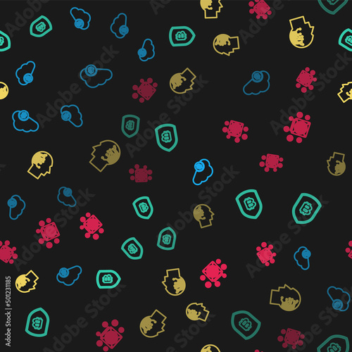 Set line Cryptocurrency cloud mining, Shield with bitcoin, Brain as digital circuit board and ASIC Miner on seamless pattern. Vector