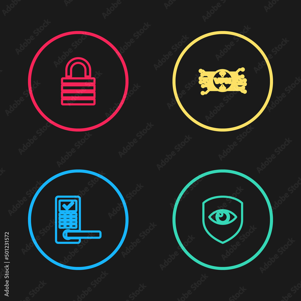 Set line Digital door lock with wireless, Shield and eye, VPN microchip circuit and Lock icon. Vector Set line Digital door lock with wireless, Shield and eye, VPN microchip circuit and Lock icon. Vector