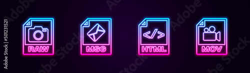 Set line RAW file document, MSG, HTML and MOV. Glowing neon icon. Vector