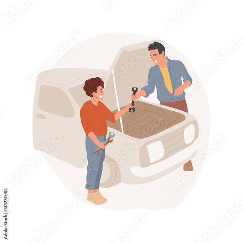 Repair car in a garage isolated cartoon vector illustration. Father working with tools, young teen helps dad in home garage, doing car repair together, looking in open hood auto vector cartoon.