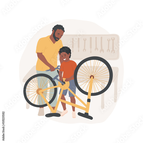 Repair bike in a garage isolated cartoon vector illustration. Father and son working with tools in garage, repairing bicycle together, help to fix the bike, middle school child vector cartoon.