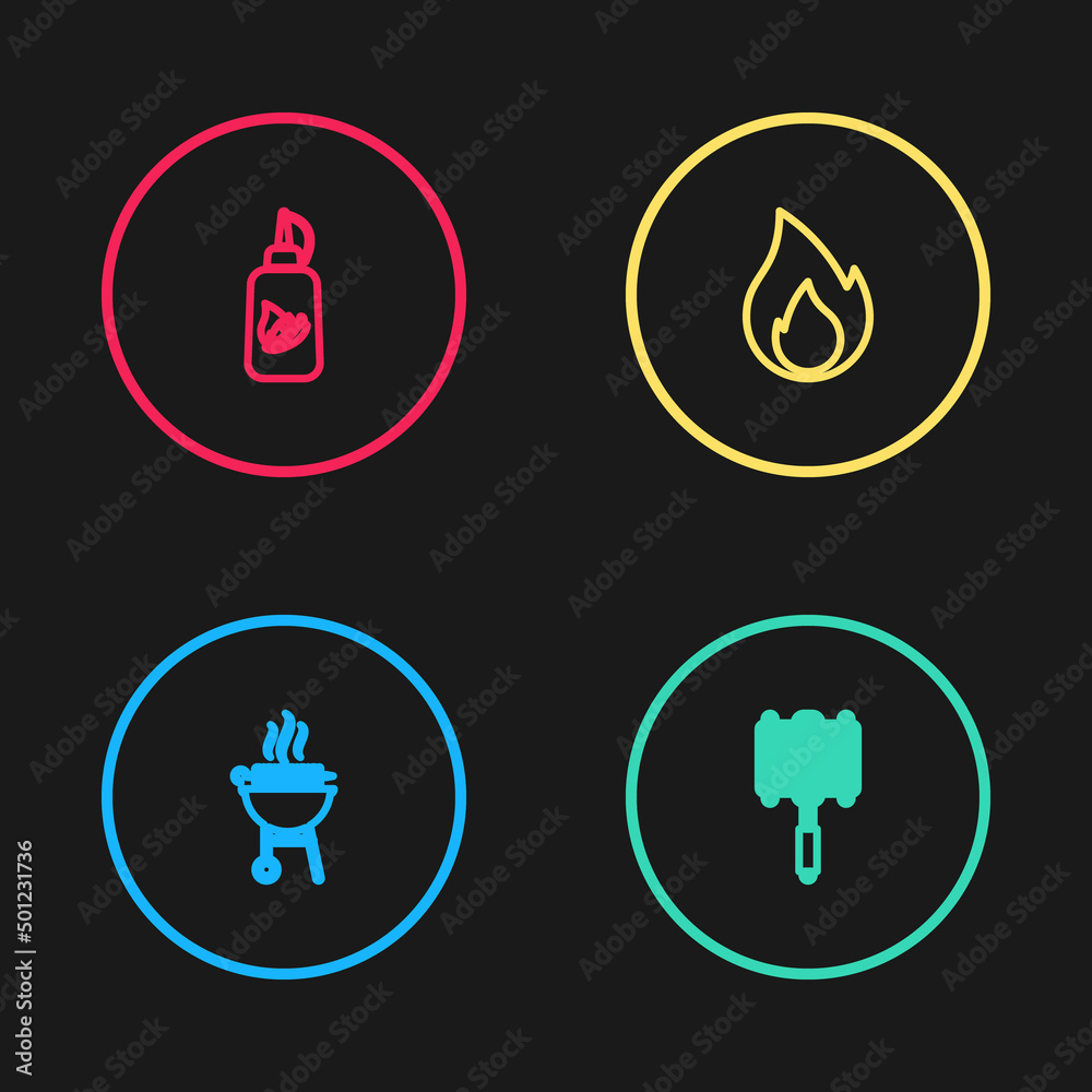 Set line Barbecue grilled shish kebab, steel grid, Fire flame and Ketchup bottle icon. Vector