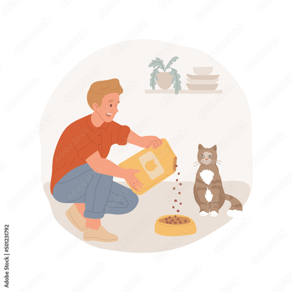 Feeding a cat isolated cartoon vector illustration. Pet daily routine, pouring dry food, cat walking next to a person, waiting for food, mother and kid feeding domestic animal vector cartoon. Feeding a cat isolated cartoon vector illustration. Pet daily routine, pouring dry food, cat walking next to a person, waiting for food, mother and kid feeding domestic animal vector cartoon.