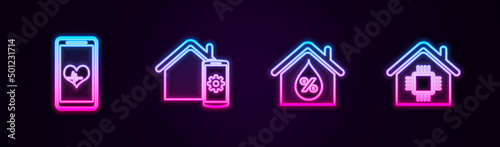 Set line Mobile with heart rate, Smart home remote control system, House humidity and . Glowing neon icon. Vector