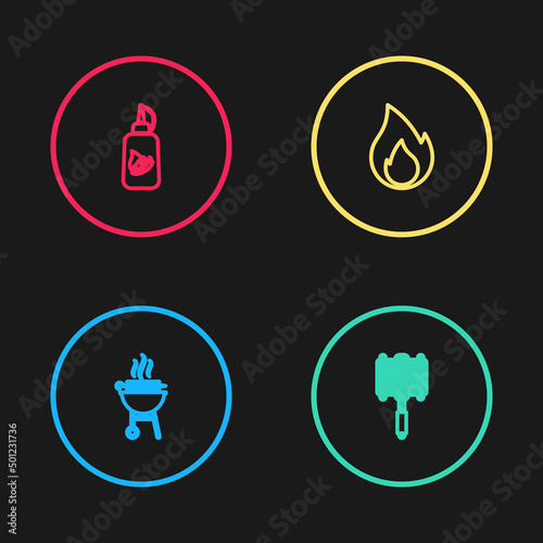 Set line Barbecue grilled shish kebab, steel grid, Fire flame and Ketchup bottle icon. Vector