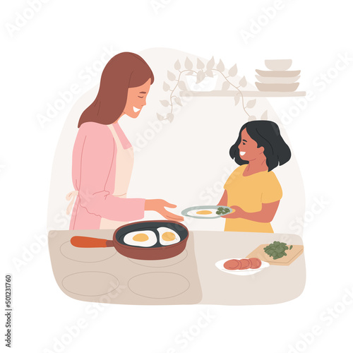Preparing breakfast isolated cartoon vector illustration. Mom cooking breakfast, preparing eggs, happy family sitting at kitchen table, drinking coffee, daily morning routine vector cartoon.