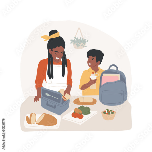 Packing a lunch box isolated cartoon vector illustration. Family daily routine, mom packing food in lunch box for kid, tasty meal, preparing a healthy snack for school children vector cartoon.